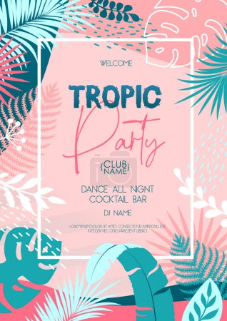 Illustration for Summer disco party poster with tropic leaves. Summertime background. Vector illustration - Royalty Free Image