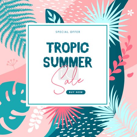 Ilustración de Cartel tropical de gran venta de verano con hojas tropicales. Fondo de verano. Ilustración vectorial - Imagen libre de derechos