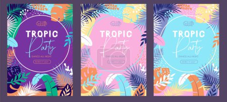 Illustration for Set of Colorful summer disco party poster with tropic leaves. Summertime background. Vector illustration - Royalty Free Image