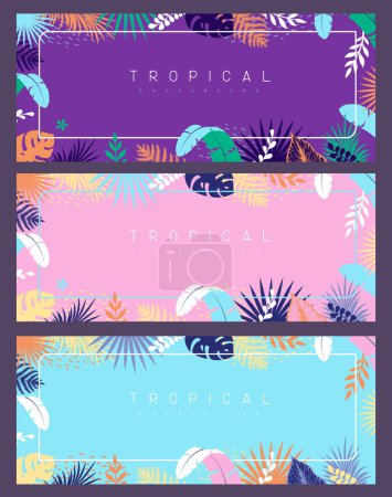 Illustration for Set of colorful  summer banners with tropic leaves. Summertime template collection. Vector illustration - Royalty Free Image