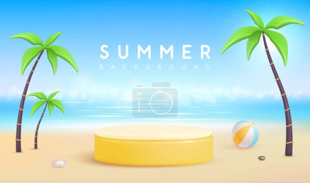 Téléchargez les illustrations : Fond de plage d'été avec scène 3D et palmiers. Scène estivale colorée. Illustration vectorielle - en licence libre de droit