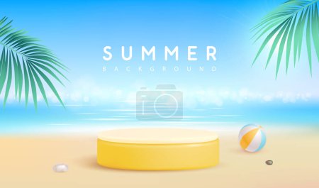 Illustration for Summer beach background with 3d stage and palm trees. Colorful summer scene. Vector illustration - Royalty Free Image