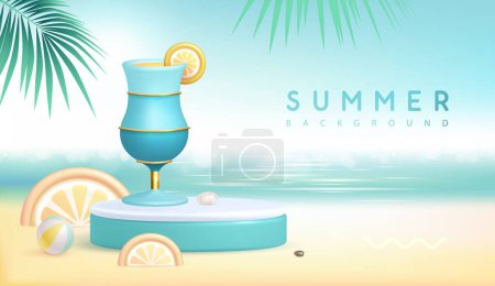Téléchargez les illustrations : Fond de plage d'été avec scène 3D et lagon bleu cocktail. Scène estivale colorée. Illustration vectorielle - en licence libre de droit
