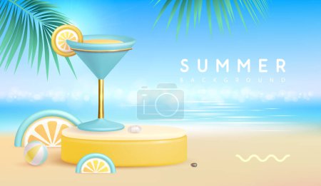 Illustration for Summer beach background with 3d stage and cocktail blue lagoon. Colorful summer scene. Vector illustration - Royalty Free Image