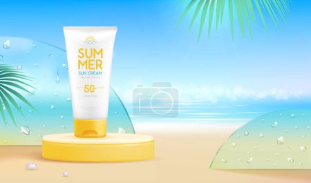 Téléchargez les illustrations : Fond de plage d'été avec scène 3D et crème solaire. Scène estivale colorée. Illustration vectorielle - en licence libre de droit