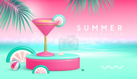 Téléchargez les illustrations : Fond de plage d'été avec scène 3D et cocktail cosmopolitique.Scène d'été colorée. Illustration vectorielle - en licence libre de droit