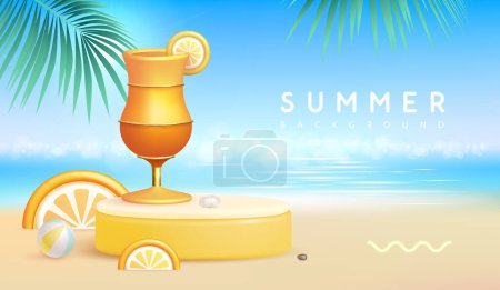 Summer beach background with 3d stage and tequila sunrise cocktail. Colorful summer scene. Vector illustration