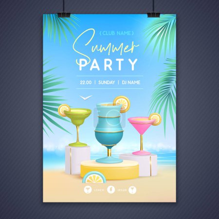 Ilustración de Cartel de fiesta disco de verano con escenario 3d y cócteles. Colorida escena de playa de verano. Ilustración vectorial - Imagen libre de derechos