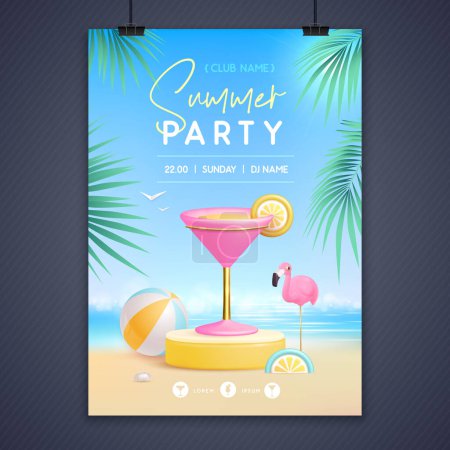 Ilustración de Cartel de fiesta disco de verano con escenario 3d y cóctel cosmopolita. Colorida escena de playa de verano. Ilustración vectorial - Imagen libre de derechos