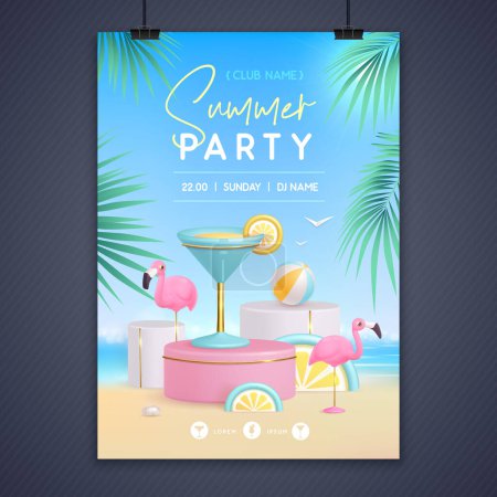 Ilustración de Cartel de fiesta disco de verano con escenario 3d y cóctel laguna azul. Colorida escena de playa de verano. Ilustración vectorial - Imagen libre de derechos