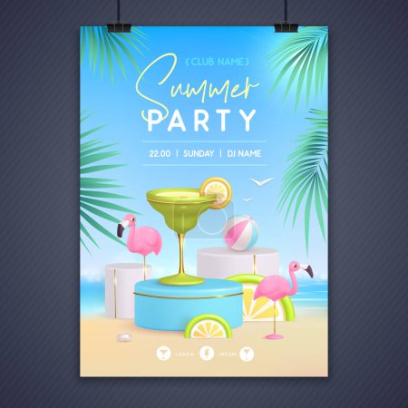 Ilustración de Cartel de fiesta disco de verano con escenario 3d y cóctel de margarita. Colorida escena de playa de verano. Ilustración vectorial - Imagen libre de derechos