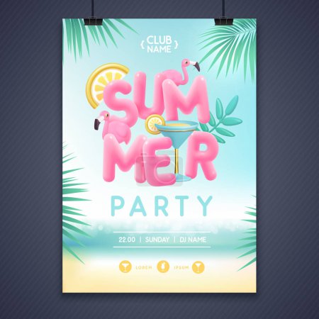 Ilustración de Cartel de fiesta disco de verano con texto 3d y cóctel laguna azul. Colorida escena de playa de verano. Ilustración vectorial - Imagen libre de derechos