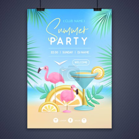 Téléchargez les illustrations : Affiche de fête de disco d'été avec cocktail lagon bleu 3d et flamant rose. Scène de plage d'été colorée. Illustration vectorielle - en licence libre de droit