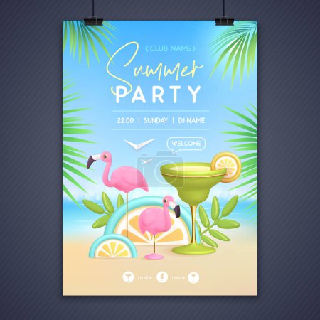 Ilustración de Cartel de fiesta disco de verano con cóctel de margarita 3d y flamenco. Colorida escena de playa de verano. Ilustración vectorial - Imagen libre de derechos