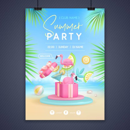 Illustration for Summer disco party poster with 3d stage, flamingo and blue lagoon cocktail. Colorful summer beach scene. Vector illustration - Royalty Free Image