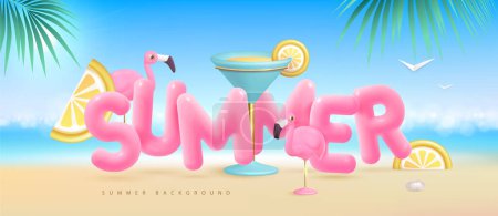 Illustration for Summer beach background with 3d letters and cocktail blue lagoon. Colorful summer scene. Vector illustration - Royalty Free Image