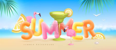 Ilustración de Fondo de playa de verano con letras 3d y cóctel de margarita. Escena de verano colorida. Ilustración vectorial - Imagen libre de derechos