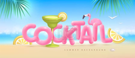Ilustración de Fondo de playa de verano con letras 3d y cóctel de margarita. Escena de verano colorida. Ilustración vectorial - Imagen libre de derechos