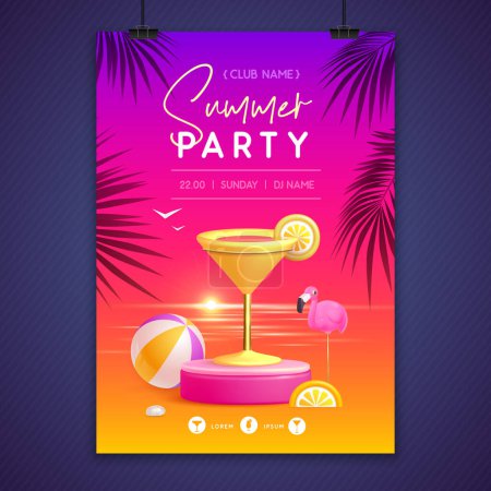 Illustration for Summer disco party poster with 3d stage and cosmopolitan cocktail. Colorful summer beach scene. Vector illustration - Royalty Free Image