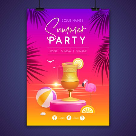 Ilustración de Cartel de fiesta disco de verano con escenario 3d y cóctel de salida del sol de tequila. Colorida escena de playa de verano. Ilustración vectorial - Imagen libre de derechos