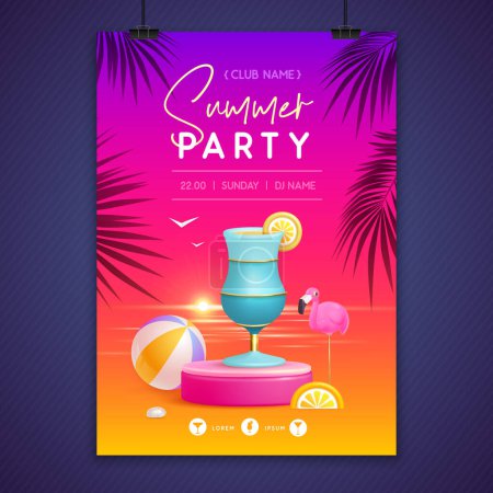 Illustration for Summer disco party poster with 3d stage and blue lagoon cocktail. Colorful summer beach scene. Vector illustration - Royalty Free Image
