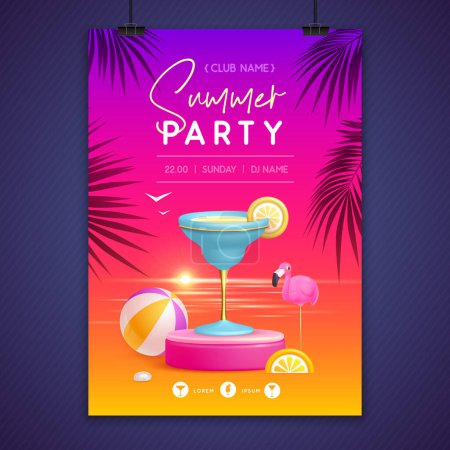 Téléchargez les illustrations : Affiche de fête de disco d'été avec scène 3D et cocktail lagon bleu. Scène de plage d'été colorée. Illustration vectorielle - en licence libre de droit