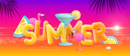 Ilustración de Fondo de playa de verano con letras 3d, flamenco y laguna azul cóctel. Escena de verano colorida. Ilustración vectorial - Imagen libre de derechos