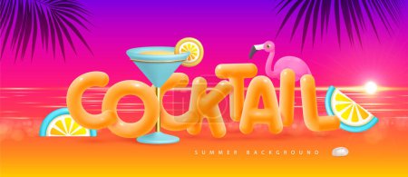 Illustration for Summer beach background with 3d letters, flamingo and cocktail blue lagoon. Colorful summer scene. Vector illustration - Royalty Free Image