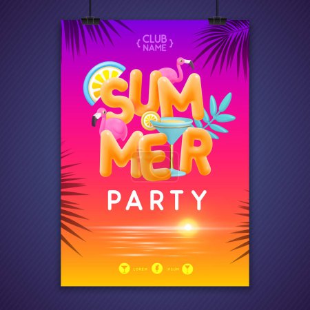Summer disco party poster with 3d text and blue lagoon cocktail. Colorful summer beach scene. Vector illustration