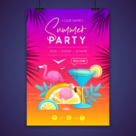 Illustration for Summer disco party poster with 3d  blue lagoon cocktail and flamingo. Colorful summer beach scene. Vector illustration - Royalty Free Image