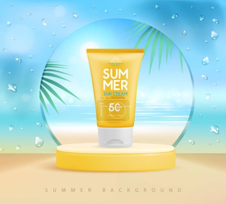 Illustration for Summer beach background with 3d stage and sunscreen cream. Colorful summer scene. Vector illustration - Royalty Free Image