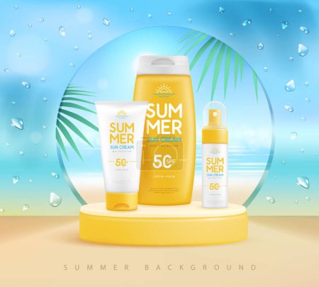 Téléchargez les illustrations : Fond de plage d'été avec scène 3D et ensemble de crèmes solaires. Scène estivale colorée. Illustration vectorielle - en licence libre de droit