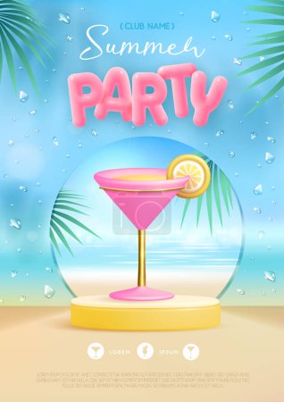 Ilustración de Cartel de fiesta disco de verano con escenario 3d y cóctel cosmopolita. Colorida escena de playa de verano. Ilustración vectorial - Imagen libre de derechos