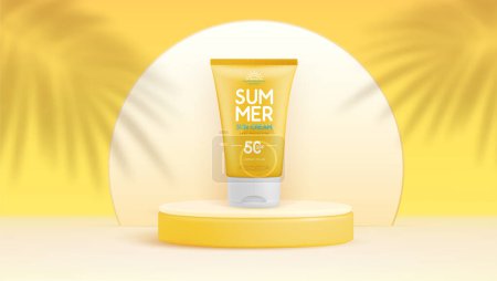 Ilustración de Fondo de verano con tubo protector solar 3d y sombra de hoja de palma. Escena de verano colorida. Ilustración vectorial - Imagen libre de derechos