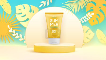 Illustration for Summer background with 3d sunscreen tube and tropic leaves. Colorful summer scene. Vector illustration - Royalty Free Image