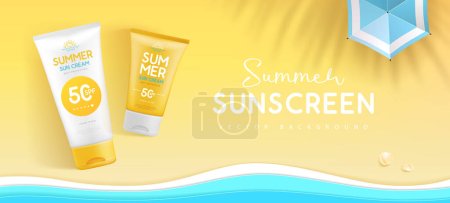 Ilustración de Vista superior de fondo de verano con 3d conjunto de tubos de protección solar y sombrilla de playa. Escena de verano colorida. Ilustración vectorial - Imagen libre de derechos