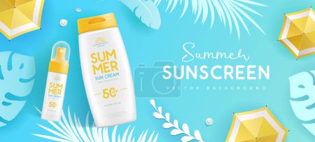 Illustration for Top view summer background with 3d set of sunscreen tubes, tropic leaves and beach umbrella. Colorful summer scene. Vector illustration - Royalty Free Image