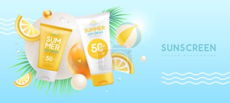Summer background with 3d spheres and sunscreen tubes. Colorful summer scene. Vector illustration