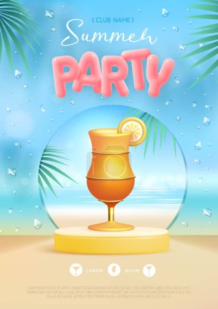 Téléchargez les illustrations : Affiche de fête de disco d'été avec scène 3D et cocktail lever de soleil tequila. Scène de plage d'été colorée. Illustration vectorielle - en licence libre de droit