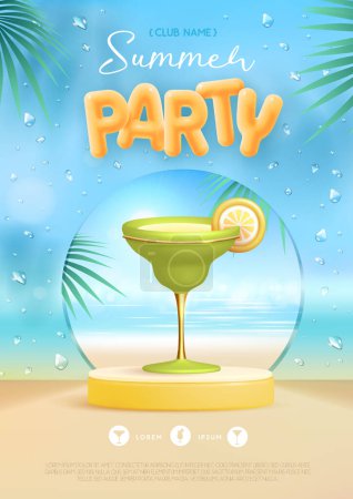 Ilustración de Cartel de fiesta disco de verano con escenario 3d y cóctel de margarita. Colorida escena de playa de verano. Ilustración vectorial - Imagen libre de derechos