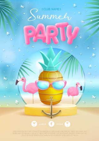 Téléchargez les illustrations : Affiche de fête de disco d'été avec scène 3D, ananas et flamant rose. Scène de plage d'été colorée. Illustration vectorielle - en licence libre de droit