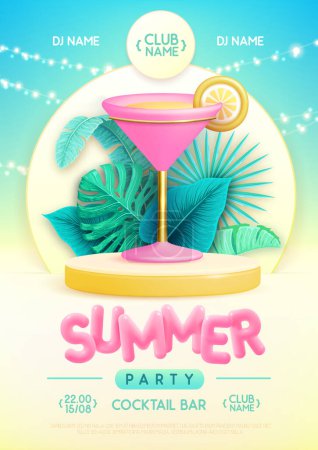 Ilustración de Cartel de fiesta disco de verano con escenario 3d, hojas tropicales y cóctel cosmopolita. Colorida escena de playa de verano. Ilustración vectorial - Imagen libre de derechos
