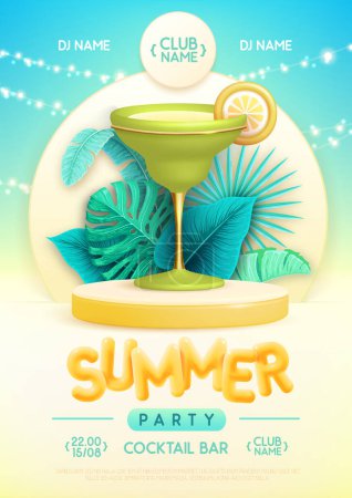 Ilustración de Cartel de fiesta disco de verano con escenario 3d, hojas tropicales y cóctel de margarita. Colorida escena de playa de verano. Ilustración vectorial - Imagen libre de derechos