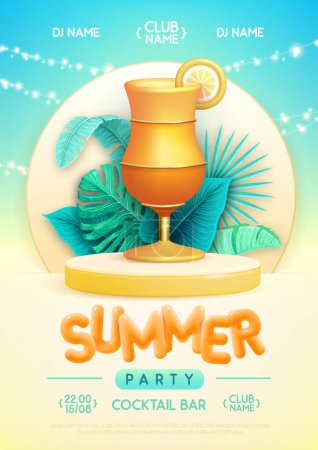 Ilustración de Cartel de fiesta disco de verano con escenario 3d, hojas tropicales y cóctel de salida del sol de tequila. Colorida escena de playa de verano. Ilustración vectorial - Imagen libre de derechos