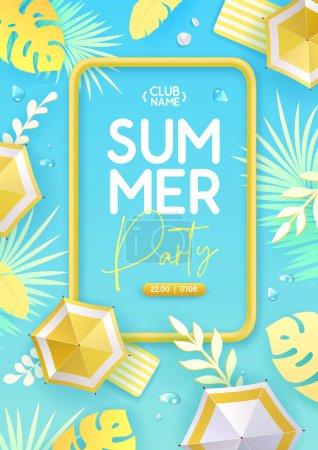 Illustration for Top view summer disco party tropical poster with tropic leaves and beach umbrella. Summertime background. Vector illustration - Royalty Free Image