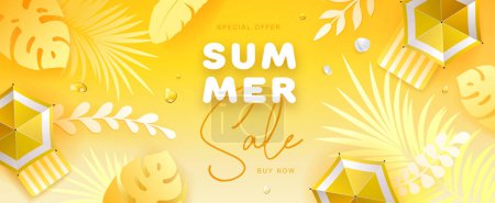 Illustration for Top view summer big sale tropical banner with tropic leaves and beach umbrella. Summertime background. Vector illustration - Royalty Free Image