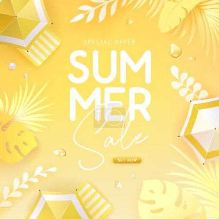 Illustration for Top view summer big sale tropical banner with tropic leaves and beach umbrella. Summertime background. Vector illustration - Royalty Free Image