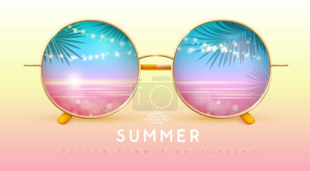 Realistic round shaped summer sunglasses with tropic ocean landscape background in lenses.  Summer background. Vector illustration.