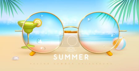 Ilustración de Gafas de sol realistas de verano redondas con fondo tropical de paisaje oceánico y cóctel en lentes. Fondo de verano. Ilustración vectorial. - Imagen libre de derechos