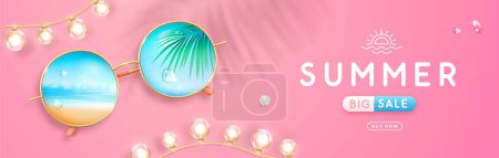 Illustration for Realistic round shaped summer sunglasses with tropic ocean landscape background in lenses. Summer big sale banner. Vector illustration. - Royalty Free Image